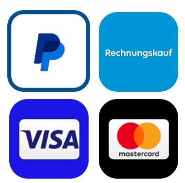 Zahlungsarten logos für paypal, Rechnungskauf, VISA und mastercard